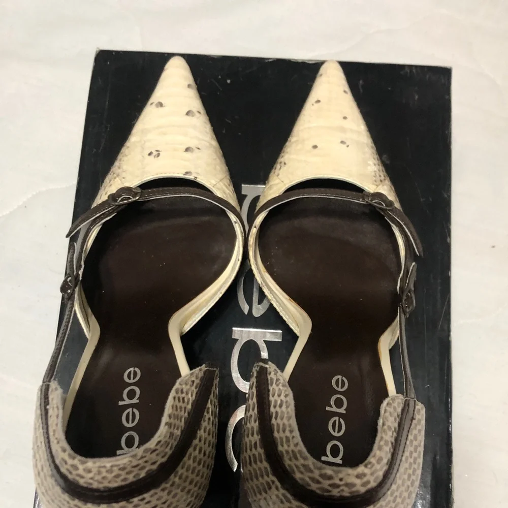 bebe Cream Snake-Print Pointed Toe Slingback Heels 7.5